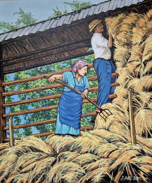 Zlaganje ovsa v kozolec, akril-platno, 50x60 cm, 2025, Jože Anžič